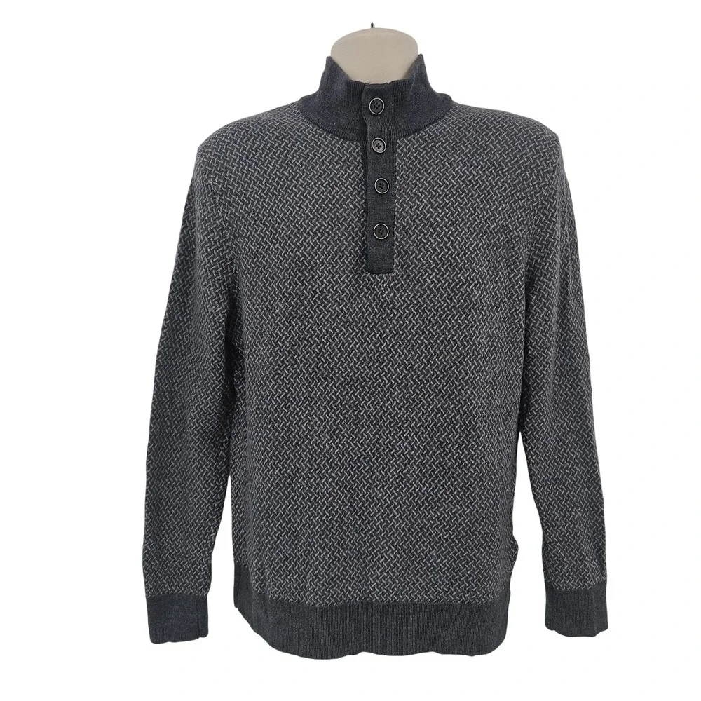 UNTUCKit Sweater Mens M Gray Merino Wool Henley Mock Neck‎ Grandpa Dad Cozycore